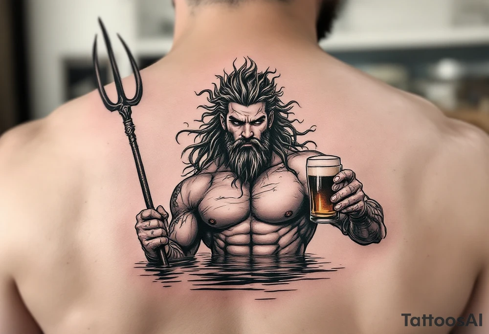 young, fit poseidon in calm water, holding a trident, holding a beer, winking tattoo idea