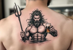 young, fit poseidon in calm water, holding a trident, holding a beer, winking tattoo idea