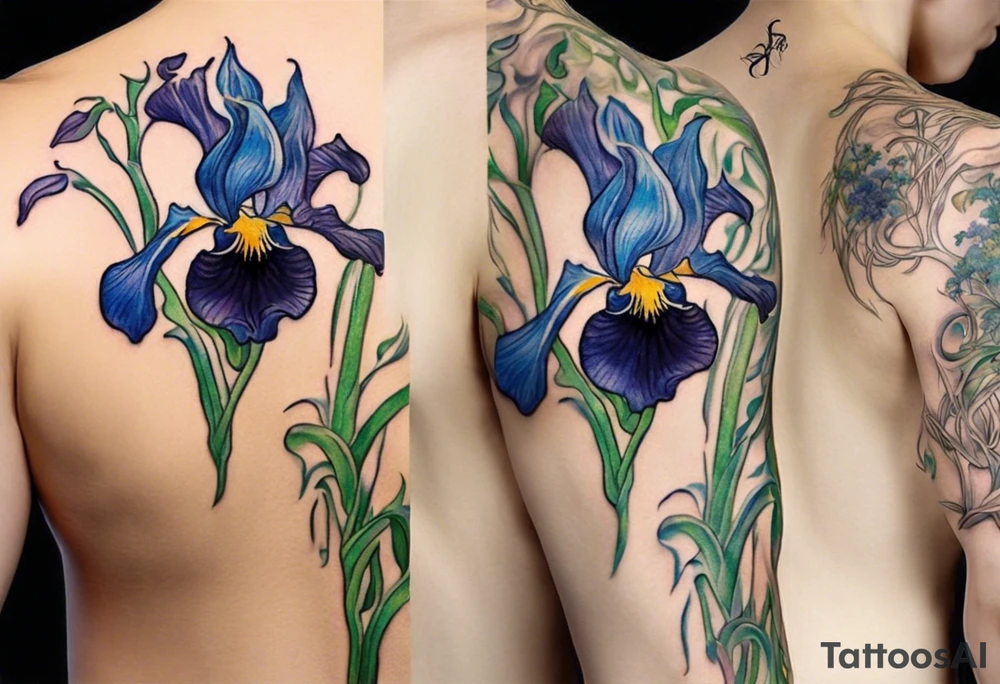 Create a colorful Vincent van Gogh's Irises tattoo, with vines in Celtic knots gracefully holding mountains. The intended placement is on the upper chest. The overall design should be small in size while maintaining a delicate and artistic aesthetic. Pay attention to the graceful flow of the vines and the placement of the irises to achieve a refined and elegant look. tattoo idea