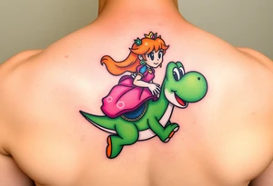 Princess Peach riding Yoshi from Mario Bros with vibrant colors tattoo idea