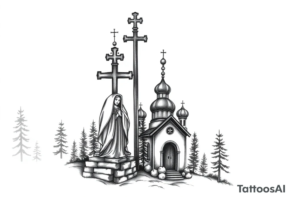 russian design traditional christian orthodox cross with a virgin mary stood beside the entrance of a russian orthodox dome church on the side of the neck in a wilderness setting with the design spread out the side of the neck tattoo idea