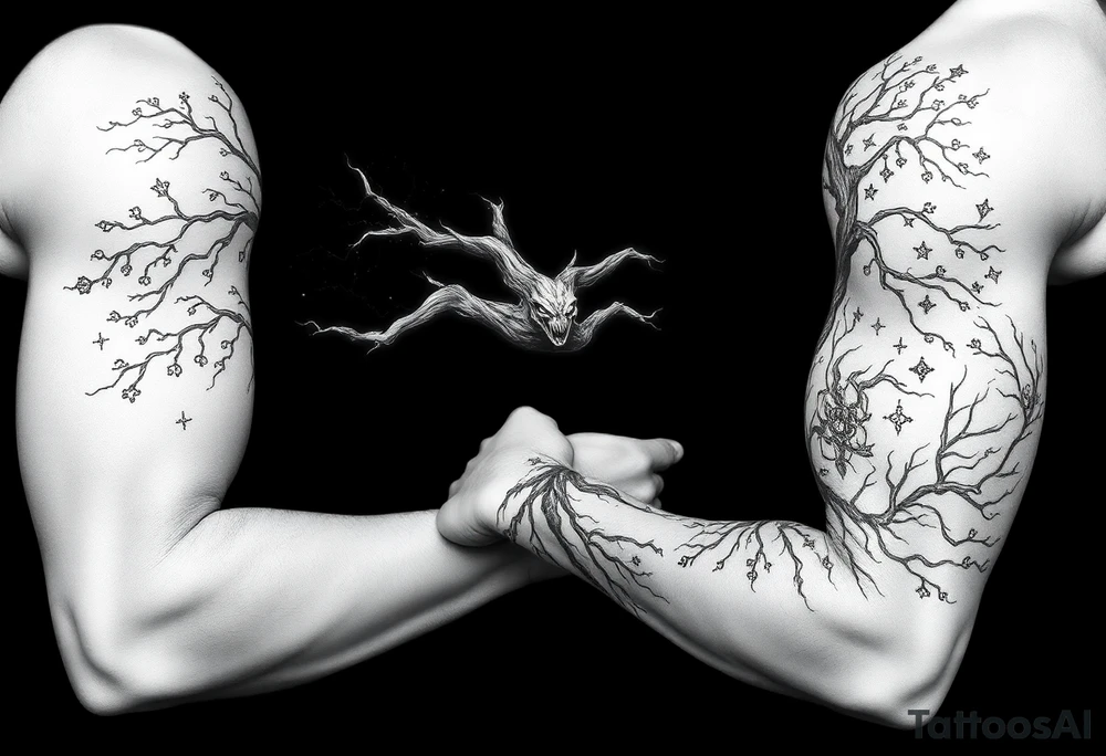mystical tree of life with cosmic roots and celestial branches tattoo idea