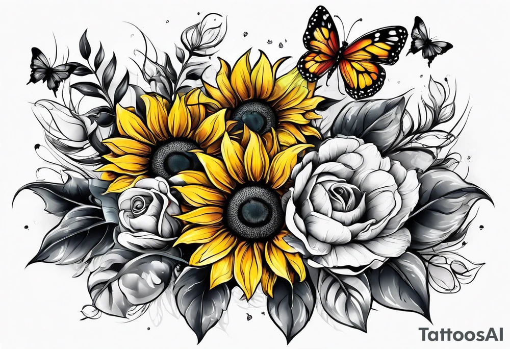 Arm sleeve with sunflowers and butterflies tattoo idea