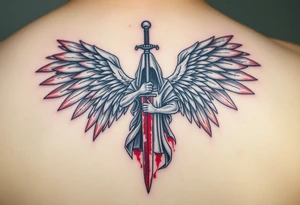 A ghostly angel figure holding a shattered sword, with faded wings in gray and deep blood red, surrounded by ghostly white mist. tattoo idea