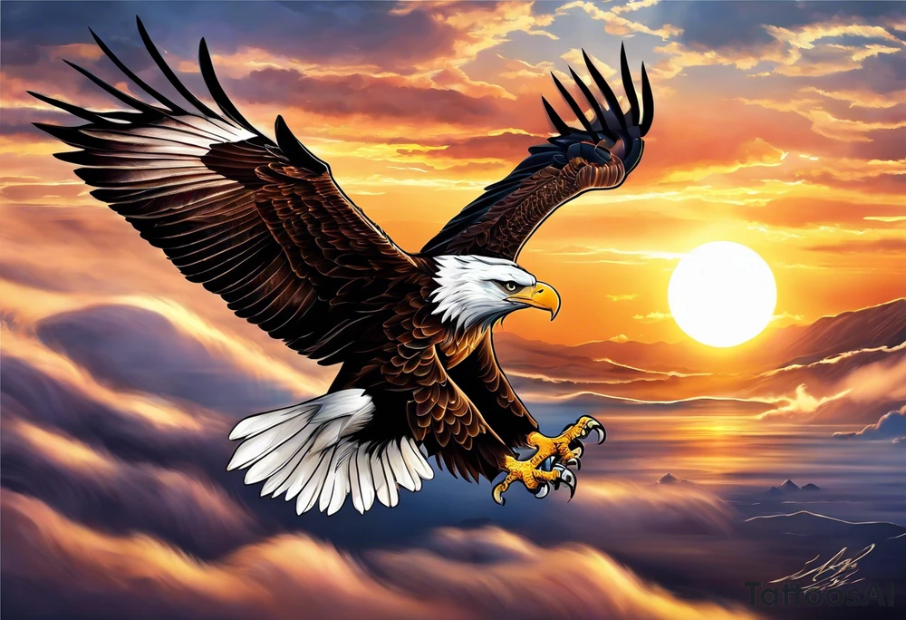 eagle gliding with sun in the back tattoo idea