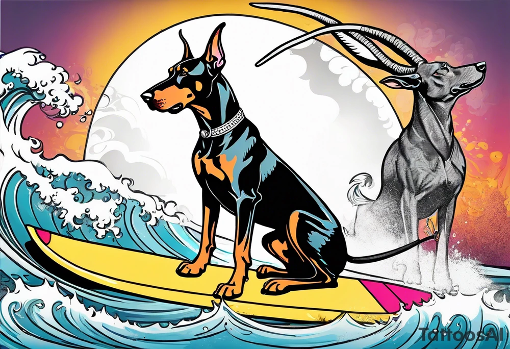 doberman smoking a cigar on a surfboard with a goat with larger horns tattoo idea