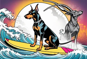 doberman smoking a cigar on a surfboard with a goat with larger horns tattoo idea