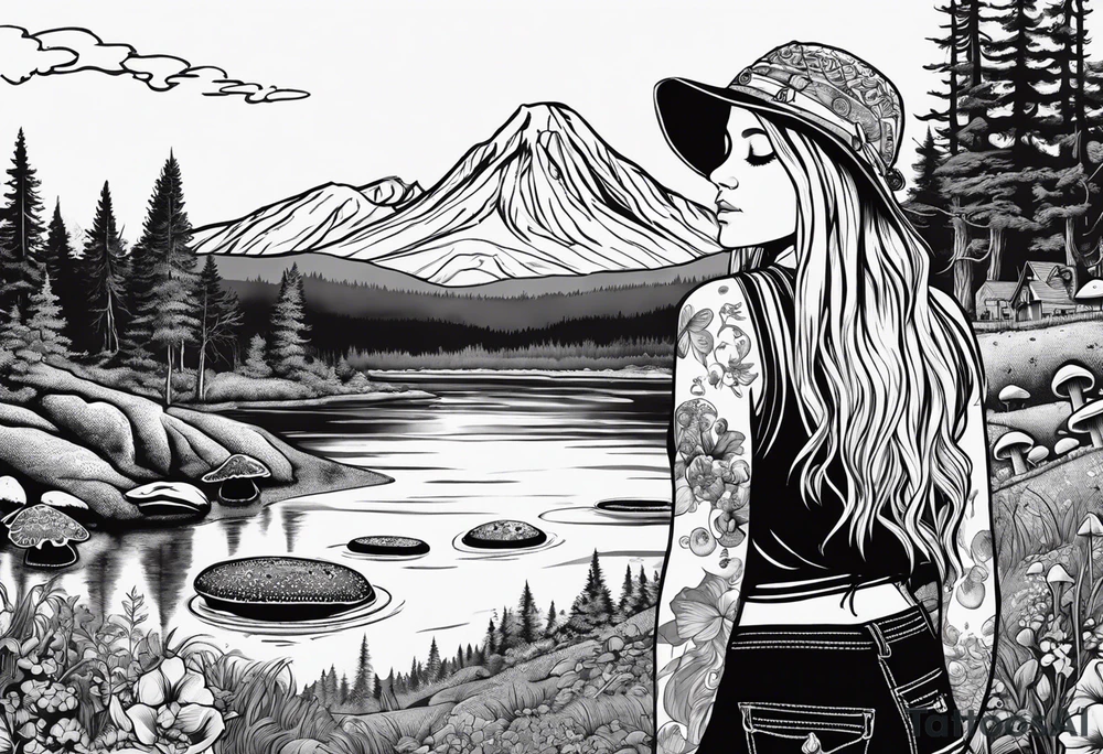 Whole picture encircled fully

Straight long blonde hair hippie girl in distance holding mushrooms in hand facing away toward mountains and creek surrounded by mushrooms long sleeve shirt and hiking pants; whole rendering within a full circle, no cut off circle tattoo idea