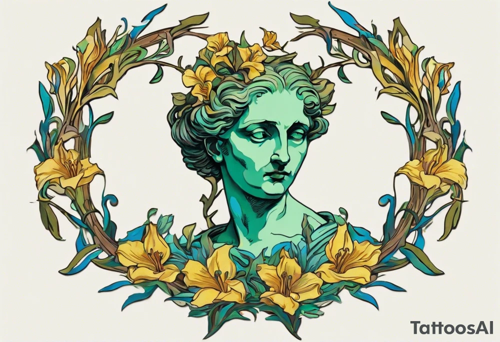 Create a colorful Vincent van Gogh Irises tattoo with a ancient greek female statue in the middle. The tattoo should take the form of a crescent, with vines gracefully intertwining at a central point in the middle of the wreath.  The intended placement is on the upper chest. The overall design should be small in size while maintaining a delicate and artistic aesthetic. Pay attention to the graceful flow of the vines and the placement of the irises to achieve a refined and elegant look. tattoo idea