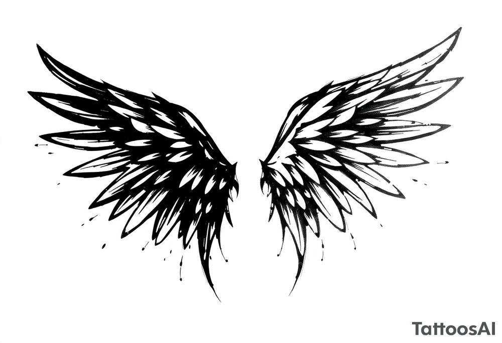 the wings go up

This tattoo design features a pair symmetrical angel wings drawn in black ink with a rough, sketch-like style. The left wing is darker, more defined, and appears denser, while the right wing is lighter, more delicate, and fragmented, creating a contrast between the two. The feathers are sharp and irregular, with fine lines and stray strokes extending outward, adding a raw and artistic feel. The overall look is dynamic and slightly chaotic, giving the impression of movement or an unfinished, ethereal form. This design symbolizes duality, freedom, transformation, or even struggle, making it a meaningful and visually striking tattoo. tattoo idea