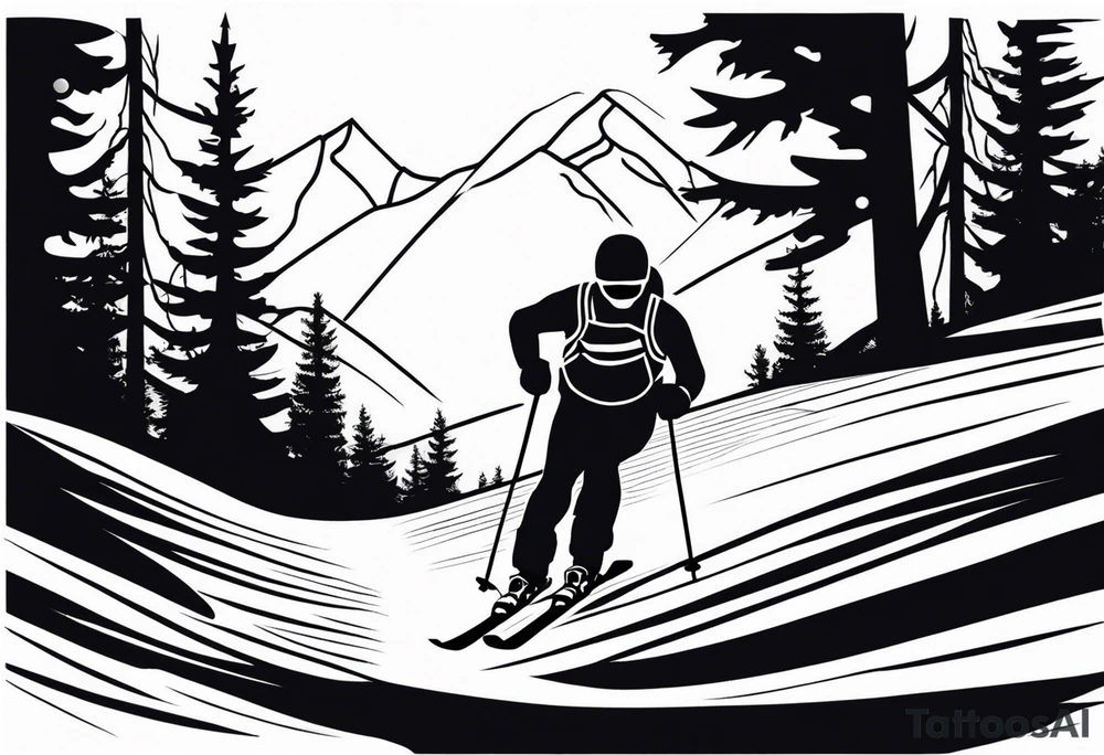 minimalist tattoo of a snow skier sking through trees showing ski trail tattoo idea