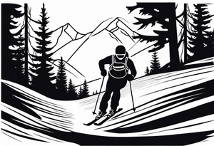 minimalist tattoo of a snow skier sking through trees showing ski trail tattoo idea