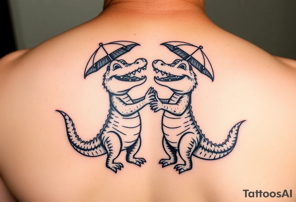 Two cartoon alligators dancing together with mardi gras umbrellas tattoo idea