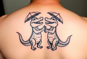 Two cartoon alligators dancing together with mardi gras umbrellas tattoo idea