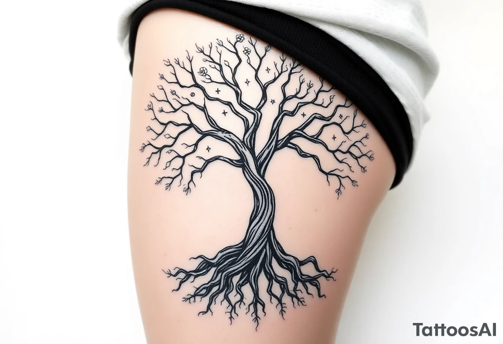 mystical tree of life with cosmic roots and celestial branches tattoo idea