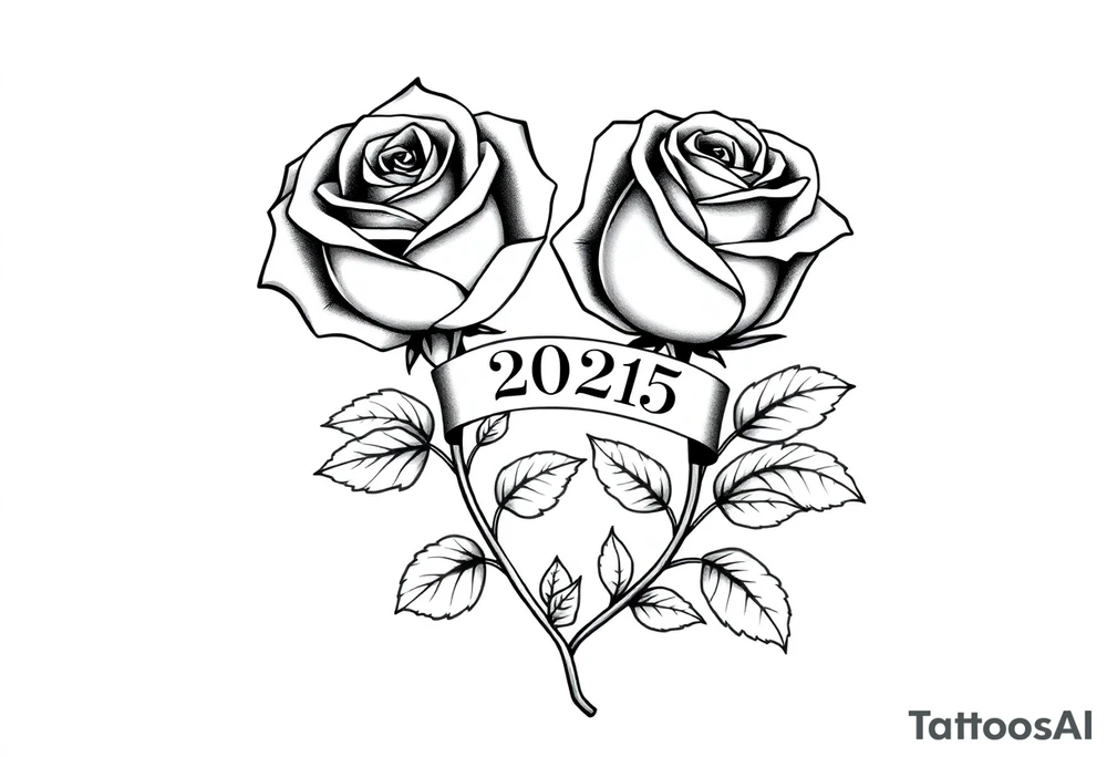two beautiful large rose buds, one larger than the other, with many leaves next to the rose buds, with one sitting higher than the other. Include a banner connecting the two roses with the year "2025" on it.   Use dark outlines with little shading. The two stems should be short, not long, and connect and join into one stem, whimsically curved or twisted - not straight down. tattoo idea