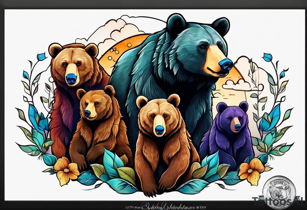 momma bear with 3 cubs tattoo idea