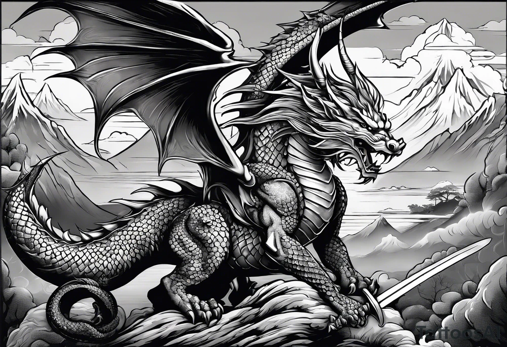 beautiful warrior fairy holding a sword and a full dragon and the background will be mountains, clouds, and a Japanese building tattoo idea