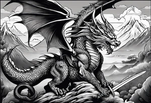 beautiful warrior fairy holding a sword and a full dragon and the background will be mountains, clouds, and a Japanese building tattoo idea