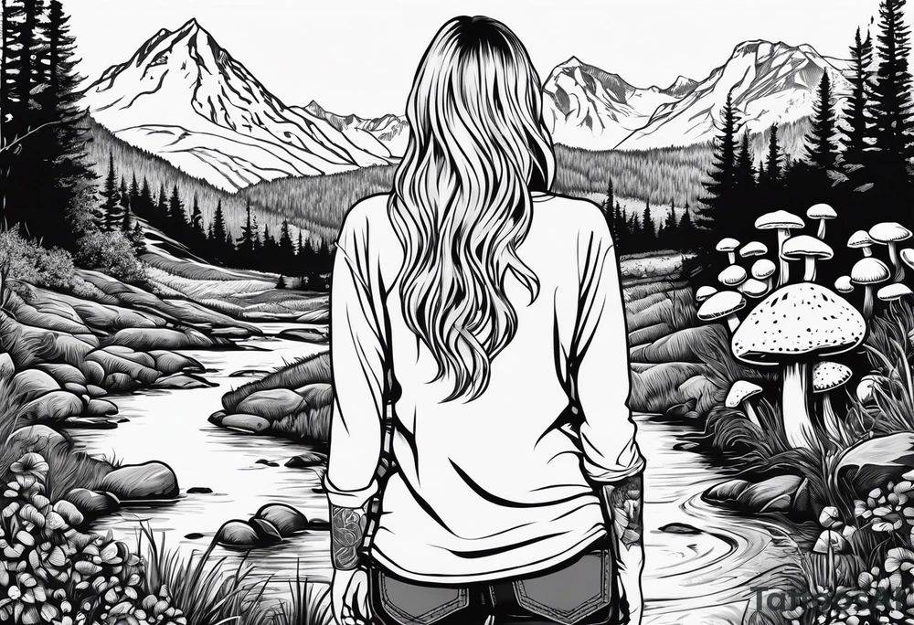Whole picture encircled fully

Straight long blonde hair hippie girl in distance holding mushrooms in hand facing away toward mountains and creek surrounded by mushrooms long sleeve shirt and hiking pants; whole rendering within a full circle, no cut off circle tattoo idea