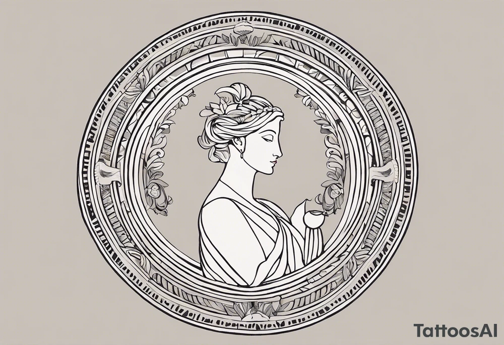 "Craft a minimalist round tattoo inspired by ancient Greek art, featuring Clio, the muse of history. Design a circular composition with Clio depicted in the center, holding a scroll. Surround her with simple yet symbolic elements such as laurel wreaths, scrolls, or geometric patterns reminiscent of ancient Greek pottery. Ensure the design maintains a minimalist style, with clean lines and limited detail, while capturing the essence of Clio's affinity for knowledge and the arts within the circular frame." tattoo idea