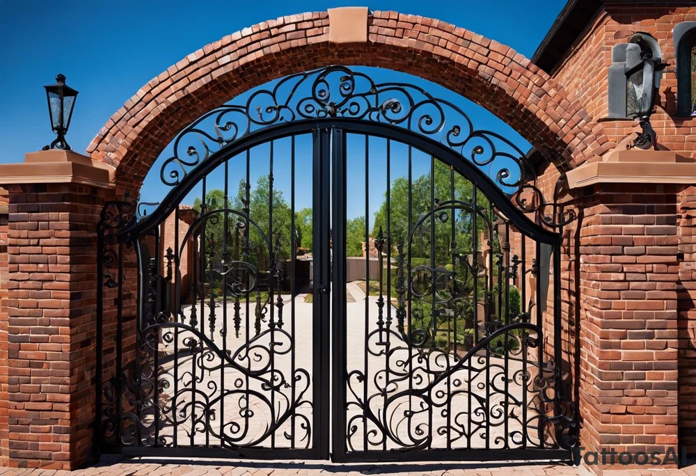 This image depicts an arched gate made of intricately designed wrought iron. The gate has swirling patterns, with the iron bars curving elegantly in various directions, forming loops and curves. The gate is set within a brick frame, with the bricks having a weathered, slightly irregular appearance. The bricks are painted in a gradient of colors, primarily shades of red and pink, transitioning into some hints of green and blue, especially around the edges.

Behind the gate, there’s a pathway made of bricks that leads into a lush garden. The garden is full of greenery, with trees and plants visible in the background. The image has a slightly surreal and artistic quality, possibly due to some paint or texture effects applied to it, giving it a dreamy and almost watercolor-like appearance. tattoo idea