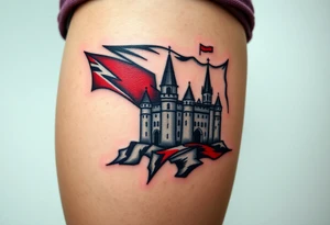 A typical blue, white, red Czech flag waving behind a medieval castle tattoo idea