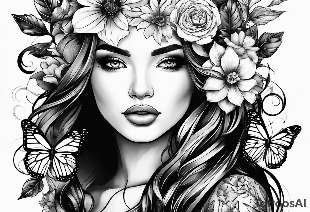 Women face with flowers and butterfly tattoo idea