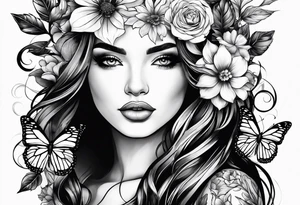 Women face with flowers and butterfly tattoo idea