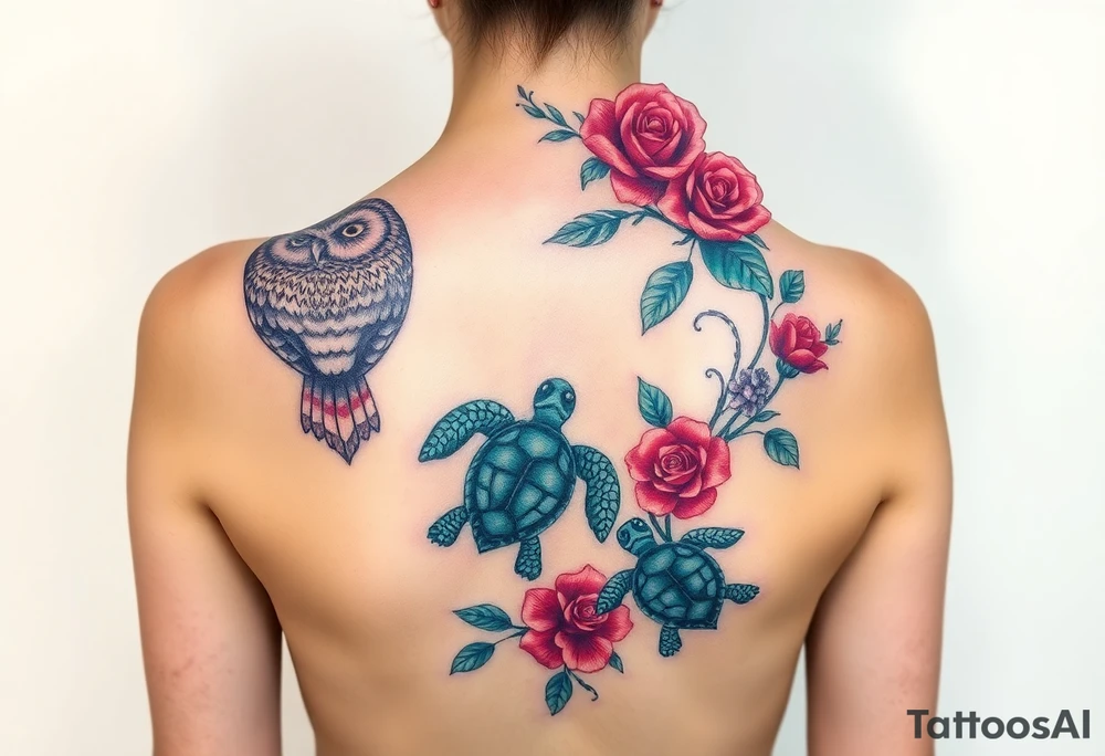 Full back owl on left shoulder flowers on right 3 turtles down spine use rose and vine overlay
 to fill the empty areas tattoo idea