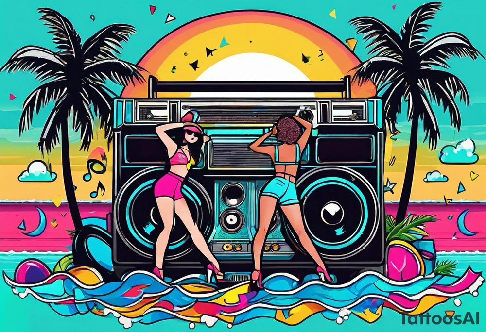1980's style dance party with boom box and confetti in a beach theme. include people in 80's miami beach clothes, music note. tattoo idea
