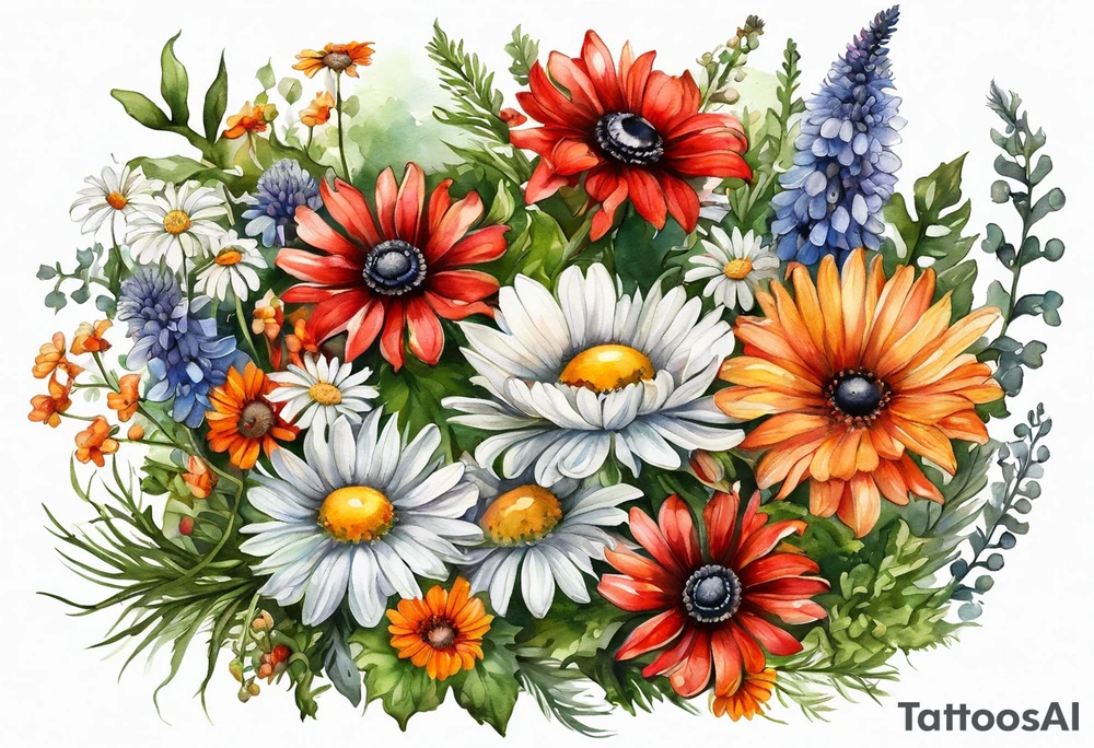 an oval of wildflowers cascading with thistles, ferns, white anemones, sun flowers, red flowers, black flowers, buttercups, orange flowers, babys breath and daisies all in watercolor tattoo idea