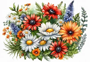 an oval of wildflowers cascading with thistles, ferns, white anemones, sun flowers, red flowers, black flowers, buttercups, orange flowers, babys breath and daisies all in watercolor tattoo idea