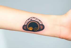 A mole tunneling underground, depicted in a cross-section with dark brown soil, golden roots, and hidden gems sparkling in the earth tattoo idea