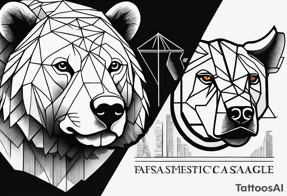 Words: Courage, determination, patience, focus, resilience. Image: Face of a geometric eagle, a bull and a bear faces divided by the financial market dump and pump graphics, symbols of intelligence interconnected with books and studies representing the search for knowledge as a person guided by humanity and human philosophy. tattoo idea