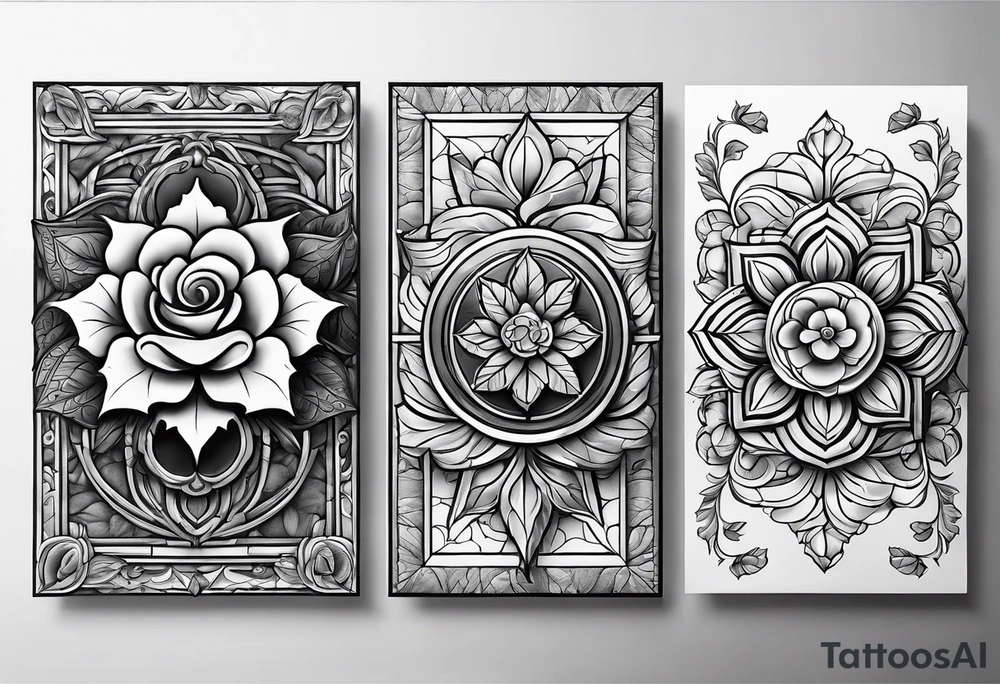 three same-sized rectangles arranged asymmetrically, incorporating a maple leaf and a tudor rose tattoo idea