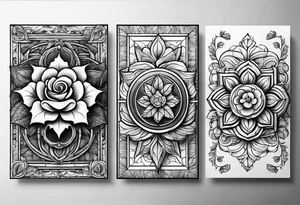 three same-sized rectangles arranged asymmetrically, incorporating a maple leaf and a tudor rose tattoo idea