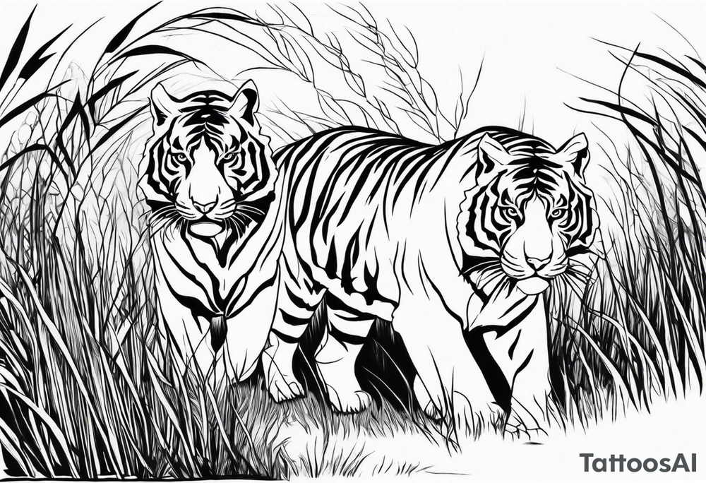 tigers stalking from behind grass tattoo idea