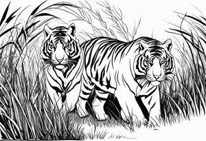 tigers stalking from behind grass tattoo idea