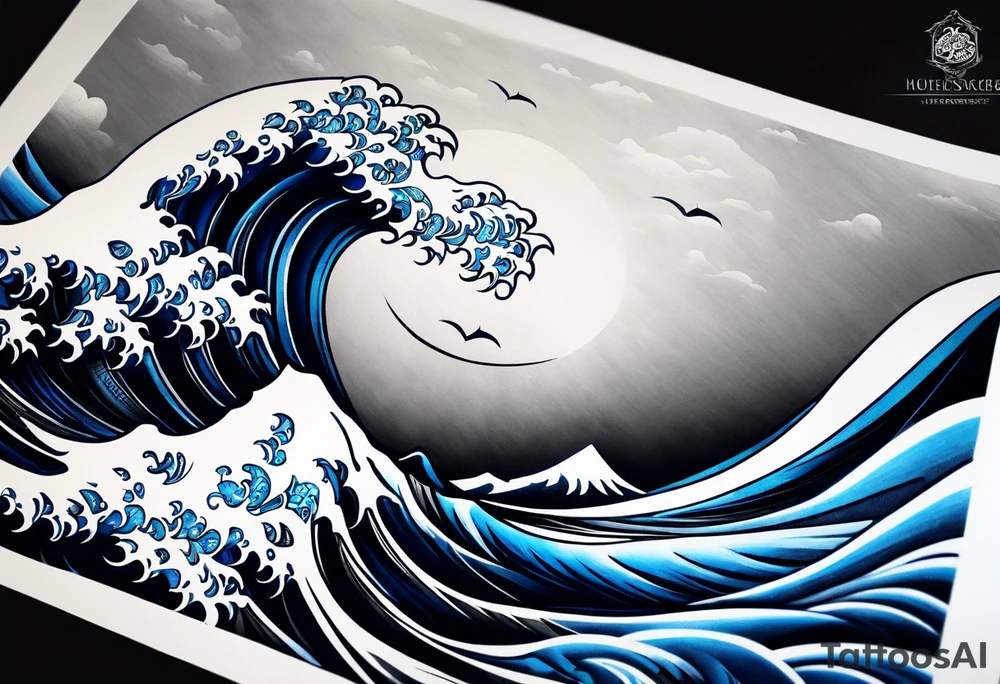 Full sleeve waves black with blue accent struggle perseverance tattoo idea