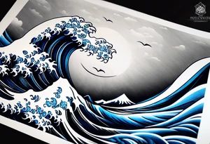 Full sleeve waves black with blue accent struggle perseverance tattoo idea