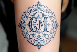 Victorian Lace Monogram – Ivory and dusty blue “C / M” styled in ornate vintage typography with lace-like borders. tattoo idea