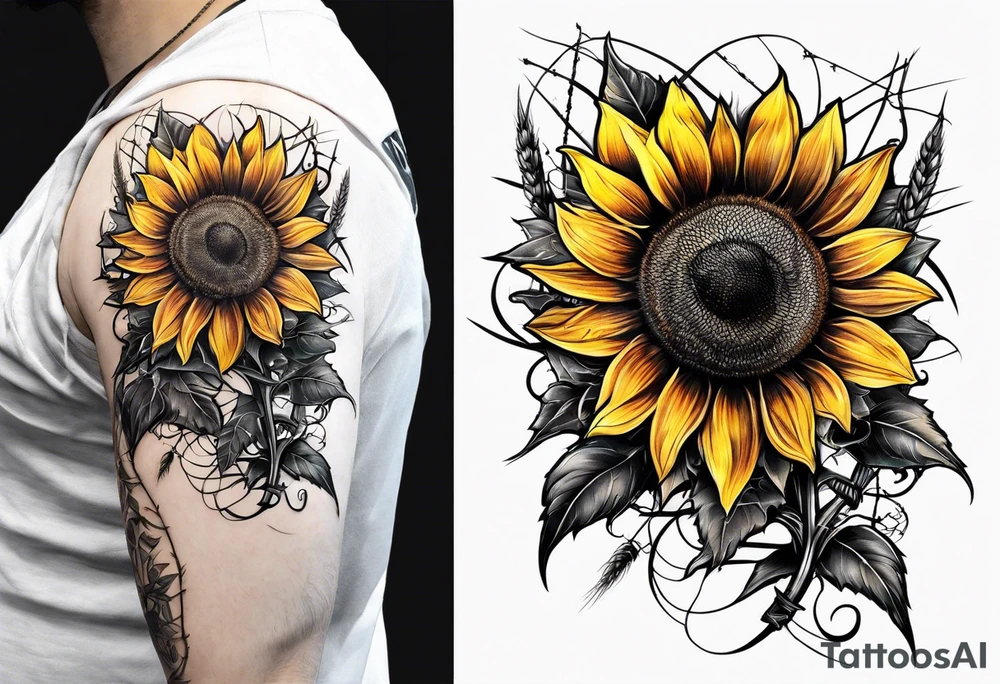 Sunflower, wheat, and barbed wire half sleeve tattoo idea
