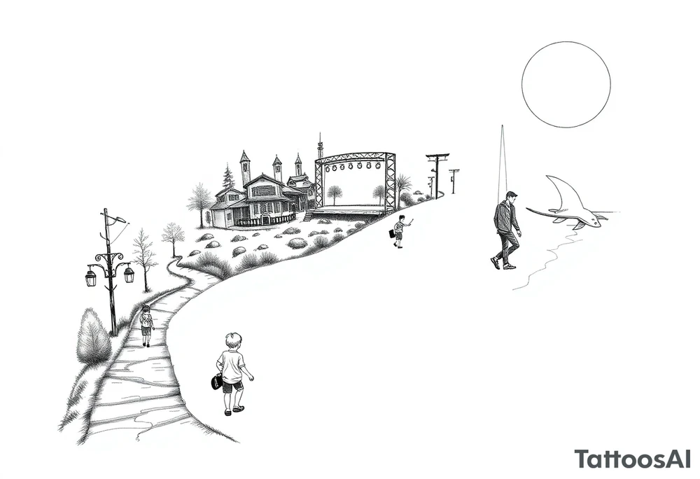 designing a black and white tattoo for a half-sleeve on shoulder: path beginning in the bottom end and winding upwards. The first third starting at the bottom. On the left are a few trees and on the right side a village and a school. A child is walking the path. On the second third, the path changes to a street. On its right side is a city and on its left side a few friends, which are attending a heavy metal concert, which is taking place on a stage. The child has grown into adolescence and is walking the street with a skateboard in one hand. On the third third, there is a man on the still upwards winding street, with drum sticks in one hand. There is a japanese Tori on the street and on the left, the streets changes to a beach. In the sea a manta ray is visible. tattoo idea