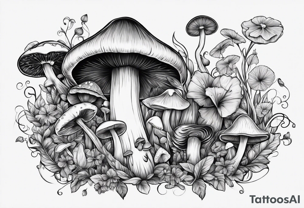Recurve bow and arrow, mushrooms, fairies tattoo idea