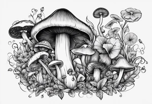 Recurve bow and arrow, mushrooms, fairies tattoo idea