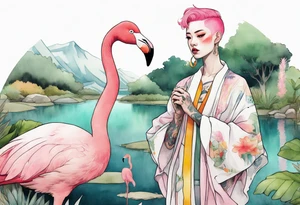 a nonbinary person with pink hair wearing a rainbow medieval robe standing next to a flamingo near a pond tattoo idea