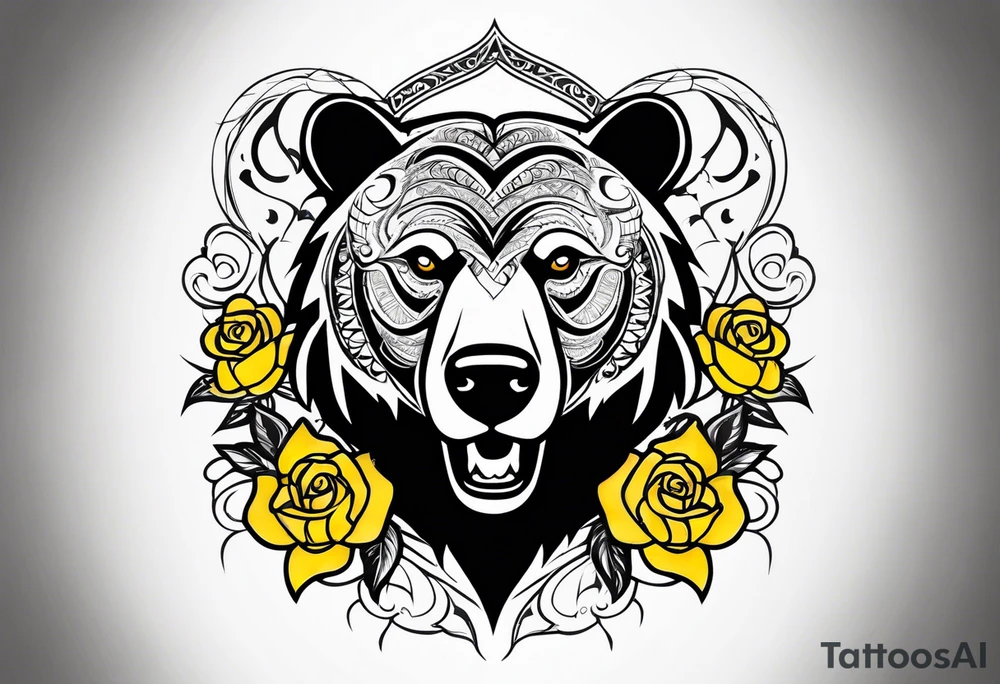 A tribal bear above the butterfly and yellow rose tattoo idea
