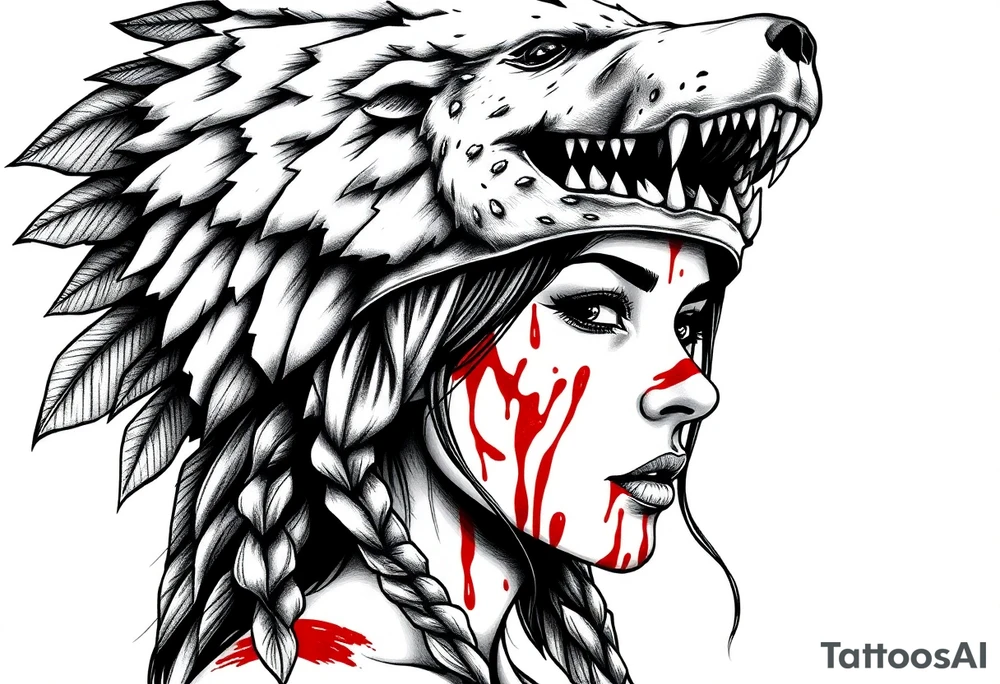 Beautiful Woman with battle scars and blood on face wearing dead bear headdress on head tattoo idea