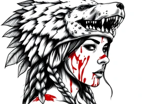 Beautiful Woman with battle scars and blood on face wearing dead bear headdress on head tattoo idea